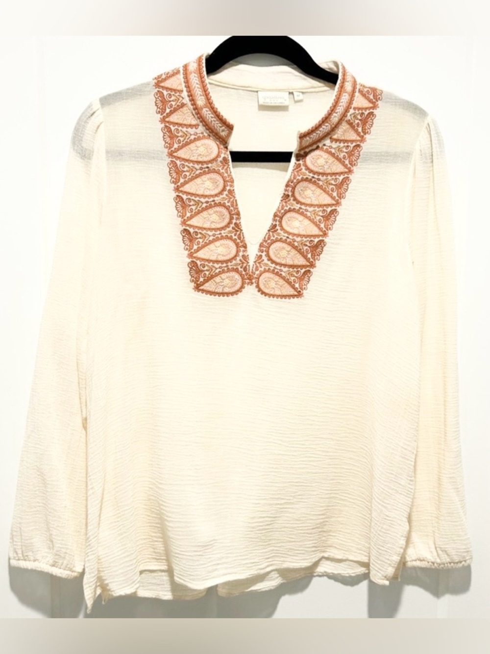Spartina 449 Cream Embroidered Tunic Blouse Paisley Neckline Medium - Picture 3 of 8